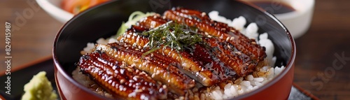 A dish of Japanese unagi don with grilled eel over rice in an elegant Japanese dining room photo