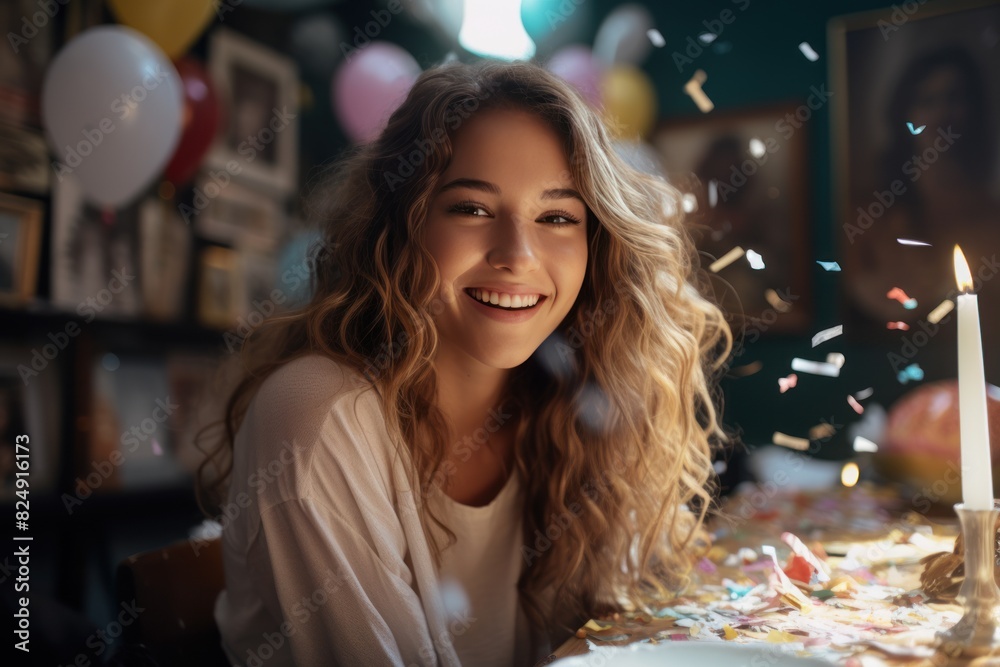 Portrait of a young smiling beautiful girl against the backdrop of confetti in sparkles in the apartment. Concept for holiday, birthday, party, significant event Portrait of a young smiling beautiful girl against the backdrop of confetti in sparkles in the apartment. Concept for holiday, birthday, party, significant event
