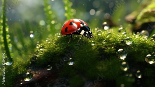 a red ladybug with black dots on it, was walking on a green leaf wet with water droplets.