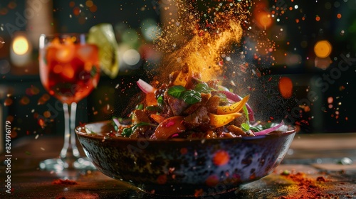 A dish of Peruvian lomo saltado with a glass of chicha morada