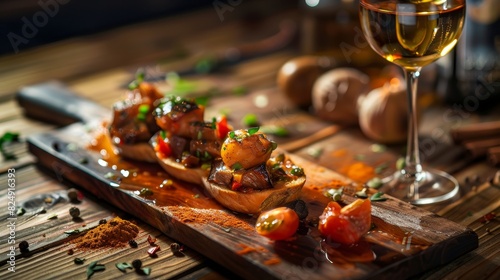 A dish of Spanish tapas with a glass of sherry