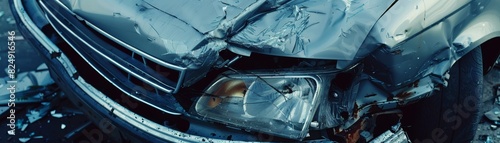 Close-up of a severely damaged car front after a collision, highlighting the crumpled metal and broken headlight. photo