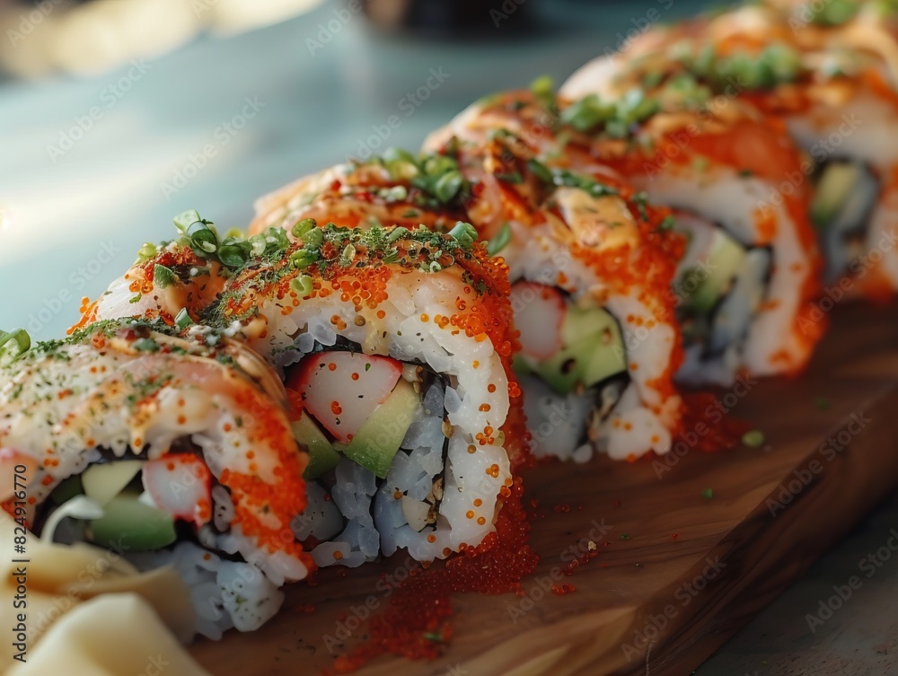 A beautiful arrangement of delicious sushi rolls on a decorative plate, bathed in natural light, highlighting their freshness and enticing appearance. A beautiful arrangement of delicious sushi rolls on a decorative plate, bathed in natural light, highlighting their freshness and enticing appearance.