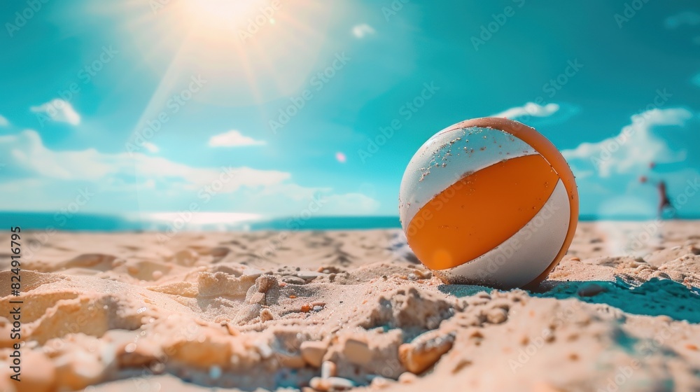 Obraz premium volleyball ball lying on the beach sand against the backdrop of a volleyball net, sea and clear blue sky