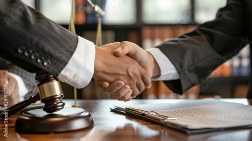 Lawyers shaking hands at table in office closeup