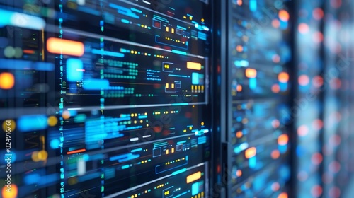 Close-up view of server racks in a data center, showcasing network server machines, data storage, and modern technology infrastructure.