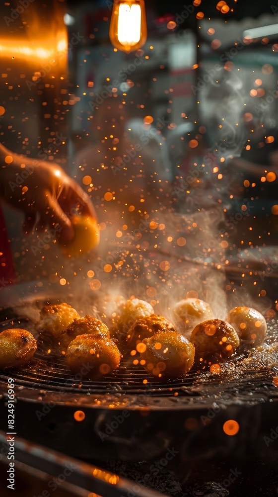 A dynamic street food scene with takoyaki balls being turned on a hot, circular takoyaki grill, captured with vibrant street lights in the background A dynamic street food scene with takoyaki balls being turned on a hot, circular takoyaki grill, captured with vibrant street lights in the background