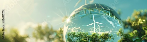 Eco-friendly energy concept image featuring wind turbines reflected in a crystal ball, symbolizing sustainability and clean renewable energy. photo