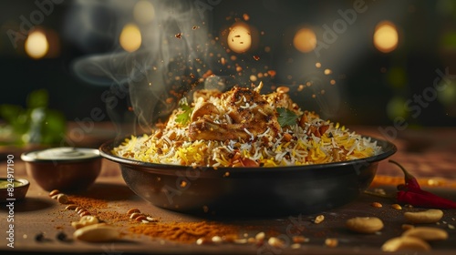 A fragrant dish of chicken biryani with saffron rice, roasted nuts, and raita on the side in an Indian dining setting photo