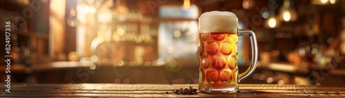 A frosty German beer stein filled with golden lager, sitting on a wooden bench at an Oktoberfest celebration photo