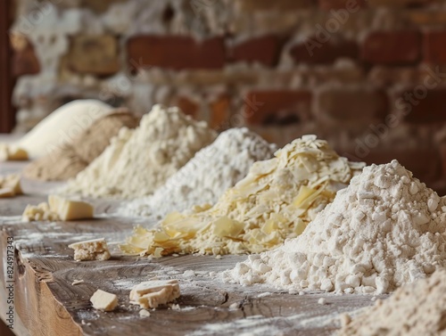 A diverse selection of flour types including wheat, almond, and coconut displayed on a rustic wooden table, evoking a warm and inviting atmosphere. Ideal for illustrating baking or cooking concepts.