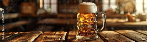 A frosty German beer stein filled with golden lager, sitting on a wooden bench at an Oktoberfest celebration photo