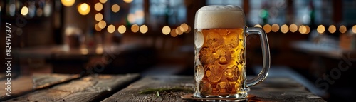 A frosty German beer stein filled with golden lager, sitting on a wooden bench at an Oktoberfest celebration photo