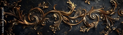 Elegant golden floral ornament on a dark background, showcasing intricate detailed design in baroque style.
