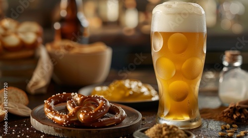 A frothy German weissbier in a tall glass, paired with a plate of pretzels and mustard at a beer garden