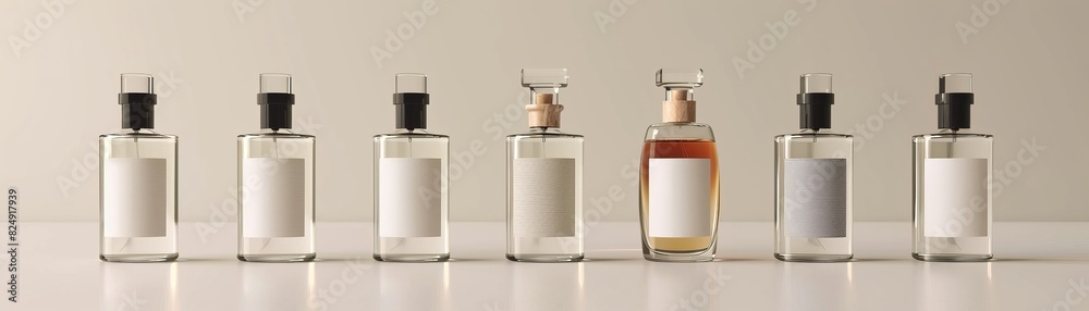 Minimalist arrangement of seven perfume bottles with blank labels, highlighting variety and elegance in product design against a neutral background. Minimalist arrangement of seven perfume bottles with blank labels, highlighting variety and elegance in product design against a neutral background.