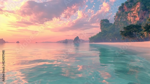 Tranquil Morning at Railay Beach Pastel Skies Reflect off Calm Waters