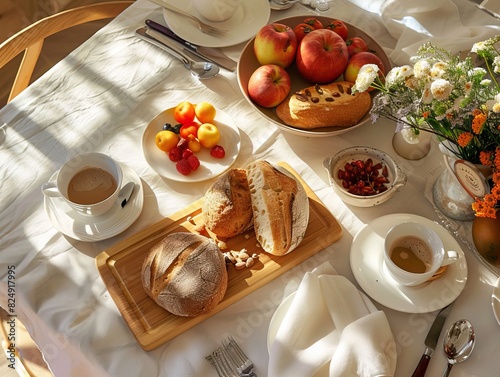 A cozy breakfast table is set with a fresh loaf of bread, a steaming cup of coffee, and vibrant, fresh fruits, creating an inviting atmosphere for a comforting morning meal.