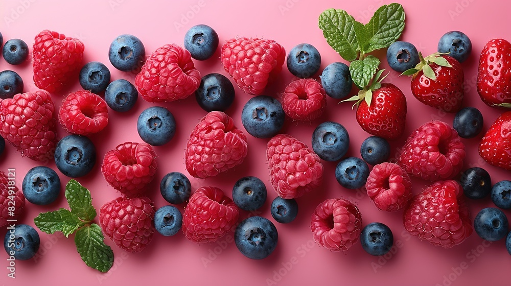 Blueberries, raspberries, and raspberries are arranged on a pink surface with a green leaf Blueberries, raspberries, and raspberries are arranged on a pink surface with a green leaf