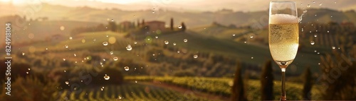 A glass of Italian prosecco with fine bubbles rising  served with a view of the rolling Tuscan hills