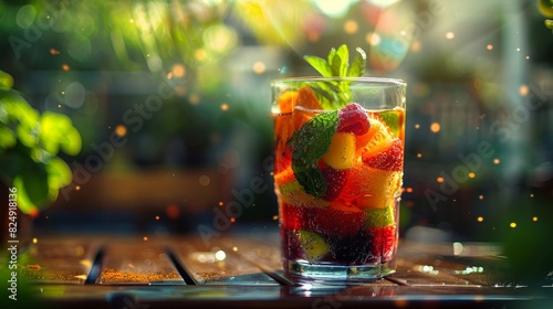 A glass of sangria filled with colorful fruit chunks and a sprig of mint, served on a patio in Spain photo