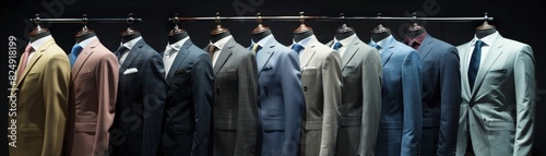 Row of elegant men's suits in various colors displayed on mannequins, showcasing formal business attire in a stylish arrangement.