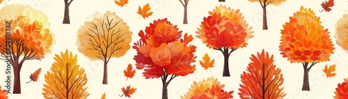 Seamless pattern of autumn trees and leaves in vibrant orange and red shades  perfect for seasonal designs and backgrounds.