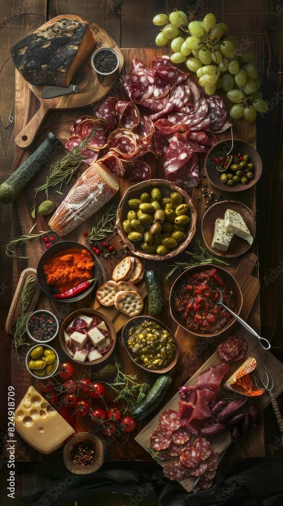 A highangle shot of a beautifully arranged Spanish tapas platter, featuring various cured meats, cheeses, and olives on a rustic wooden table A highangle shot of a beautifully arranged Spanish tapas platter, featuring various cured meats, cheeses, and olives on a rustic wooden table