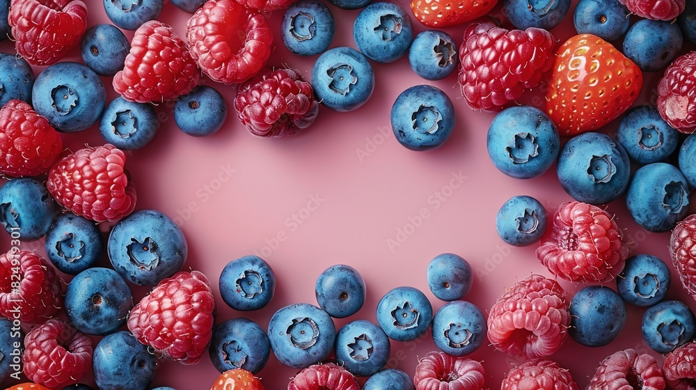   Blueberries, raspberries, and strawberries form a heart shape on pink background