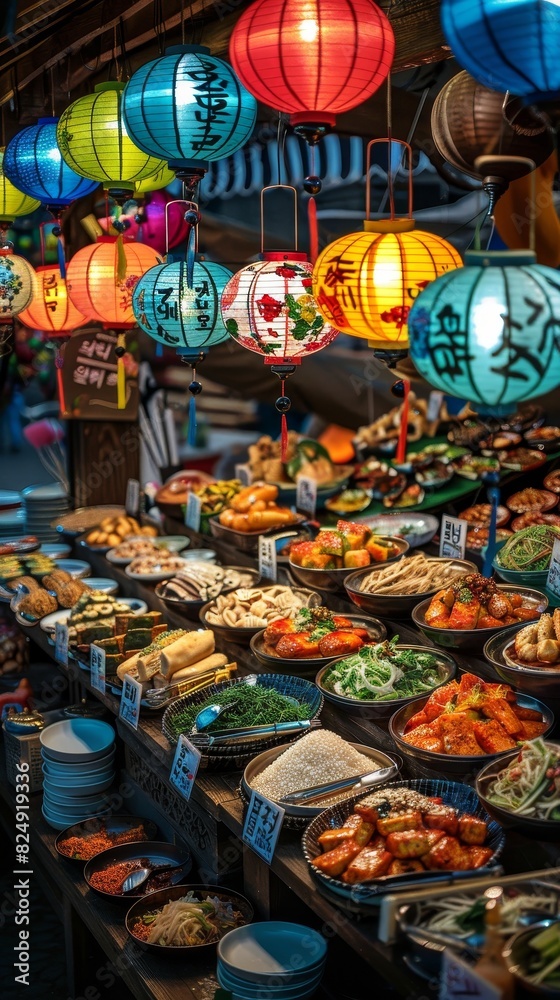 Fototapeta premium A highangle shot of a festive Korean market stall selling an assortment of traditional rice cakes, with colorful lanterns hanging above