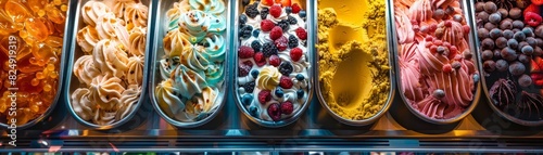 A highangle shot of a festive Italian gelateria, showcasing an array of colorful gelato flavors in a display case with a vintage feel photo