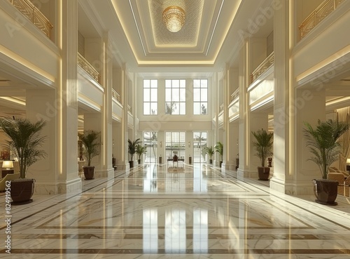 The lobby of a luxury hotel with marble columns and floors, and a crystal chandelier. photo