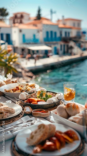 A highangle shot of a Greek island taverna table, filled with assorted meze dishes, with the sea and whitewashed buildings in the background