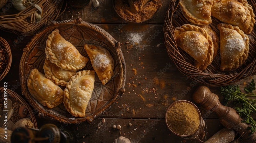 A highangle shot of a Peruvian bakery showcasing freshly baked empanadas and alfajores, with a charming, rustic interior A highangle shot of a Peruvian bakery showcasing freshly baked empanadas and alfajores, with a charming, rustic interior