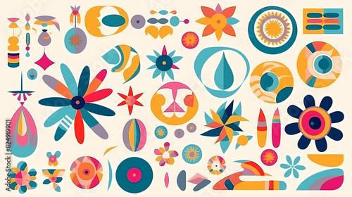 Set of abstract retro geometric shapes vector. Collection of contemporary figure, sparkle, arrow, flower in 70s groovy style