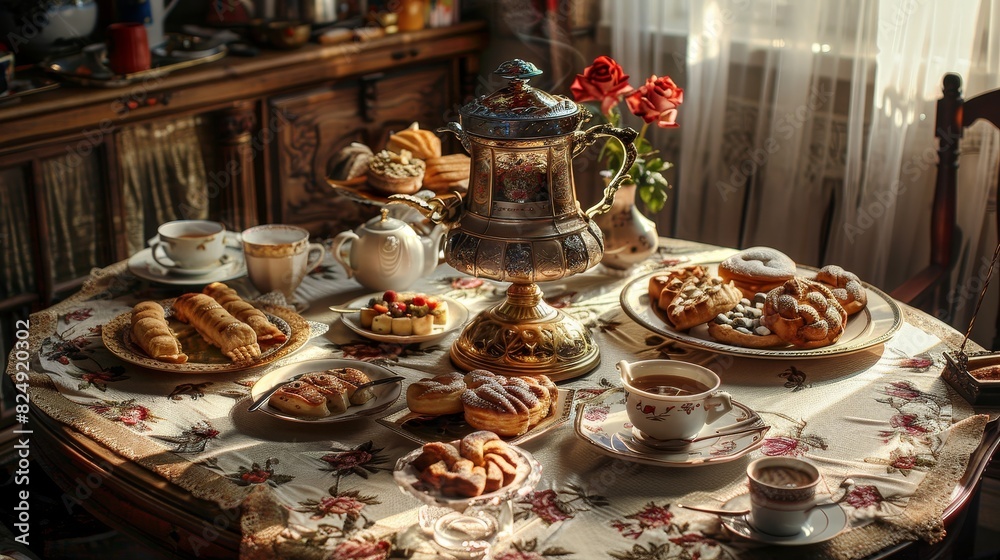 A highangle shot of a traditional Russian tea table with assorted pastries and a samovar, set in a cozy, welllit kitchen