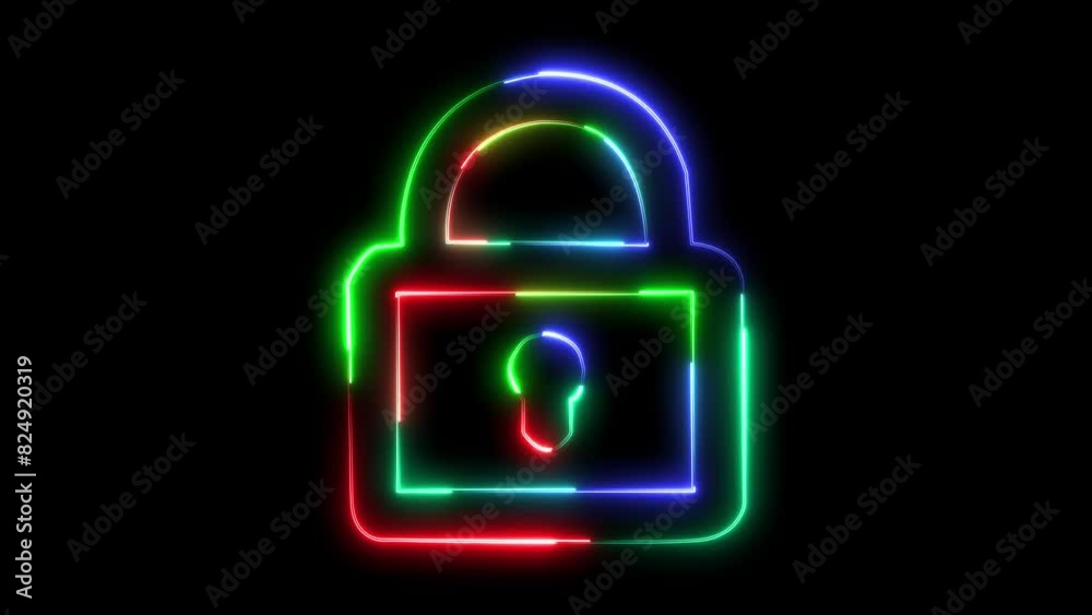 Neon dynamic lock icon blue red color glowing animated black background Neon dynamic lock icon blue red color glowing animated black background