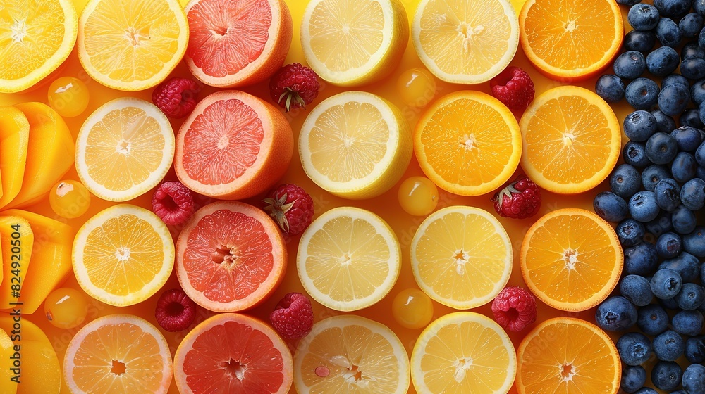 Oranges, raspberries, lemons, and blueberries are arranged in a rainbow-colored pattern Oranges, raspberries, lemons, and blueberries are arranged in a rainbow-colored pattern