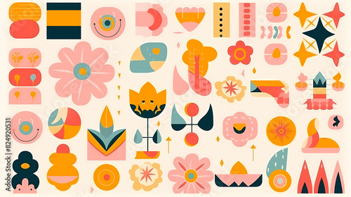 Wallpaper Mural Set of abstract retro geometric shapes vector. Collection of contemporary figure, sparkle, arrow, flower in 70s groovy style Torontodigital.ca