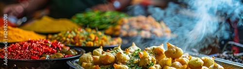 A highangle shot of an Indian street food vendor preparing samosas, with colorful spices and fresh herbs displayed in the background photo