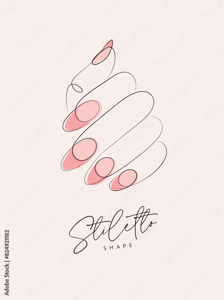 Woman hand with pink stiletto shape nails drawing in linear style on beige background