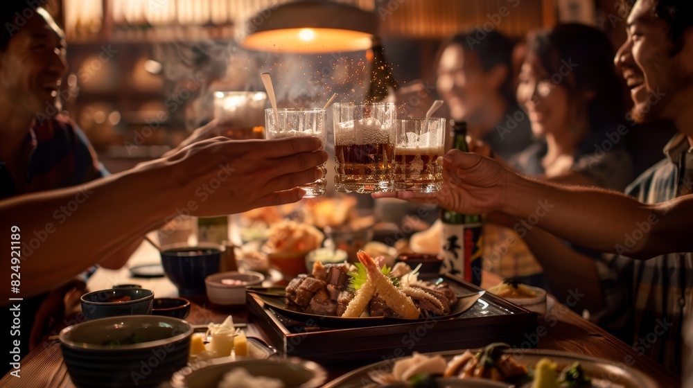 A lively izakaya scene with a group of friends sharing dishes and toasting with sake, captured from an intimate, overtheshoulder angle