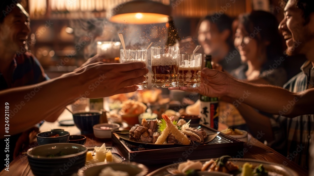 A lively izakaya scene with a group of friends sharing dishes and toasting with sake, captured from an intimate, overtheshoulder angle A lively izakaya scene with a group of friends sharing dishes and toasting with sake, captured from an intimate, overtheshoulder angle