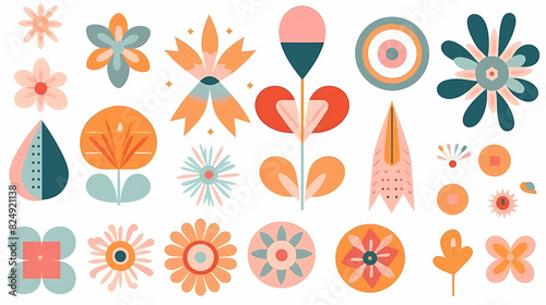 Set of abstract retro geometric shapes vector. Collection of contemporary figure, sparkle, arrow, flower in 70s groovy style