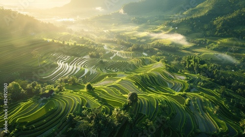 Golden Rice Terraces of Northern Thailand in Aerial D Rendered Perspective