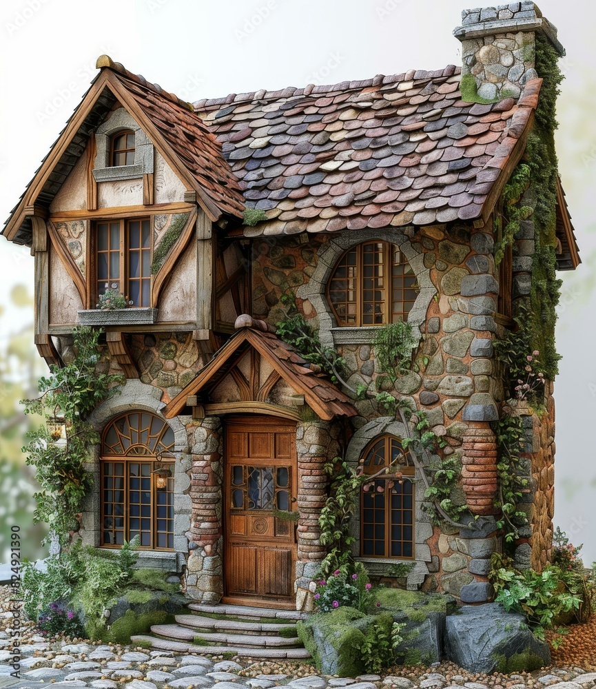 3D rendering of a cute stone cottage with a brown roof