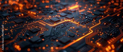 Electronic circuit board, glowing microchips, dark background with orange highlights
