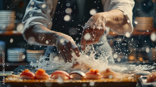 A lively scene of a sushi chef at work, shaping nigiri with precise movements, with a blurred sushi bar background emphasizing the chef s hands photo