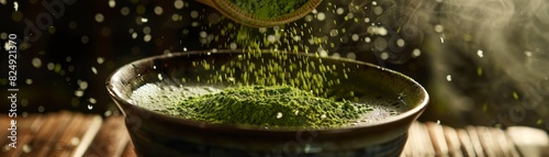 A macro shot of matcha powder being sifted over a frothy bowl of green tea, with traditional tea ceremony accessories displayed in soft focus photo