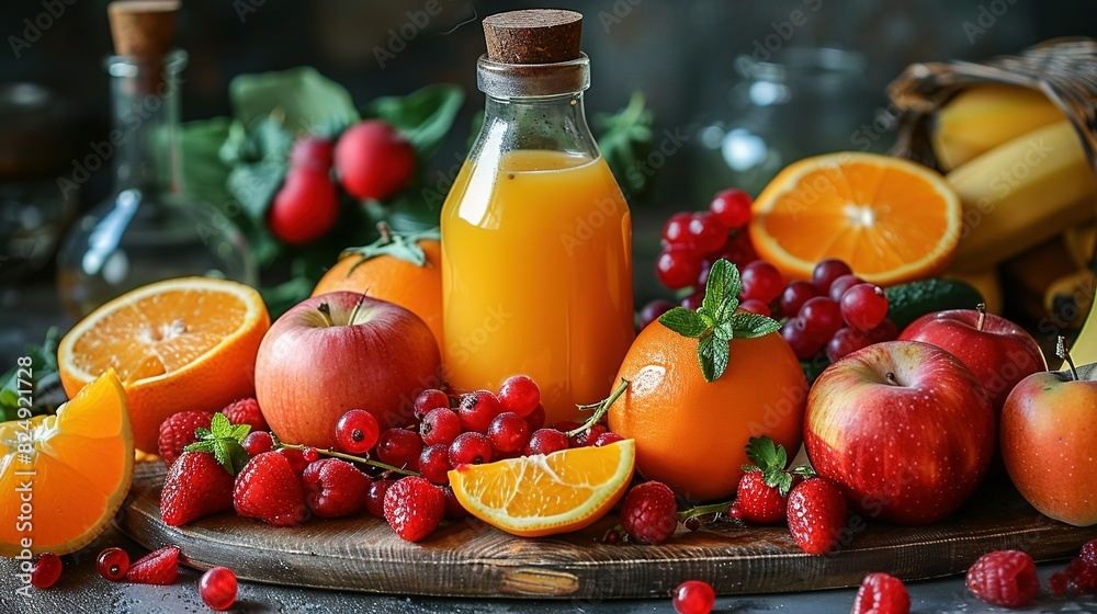 Oranges, strawberries, raspberries, and other fresh fruits surround a bottle of orange juice Oranges, strawberries, raspberries, and other fresh fruits surround a bottle of orange juice